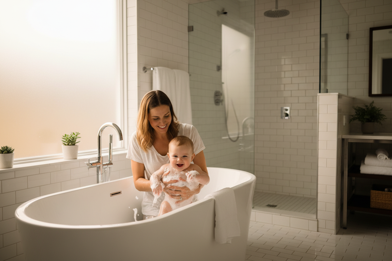Mom with baby bath time
